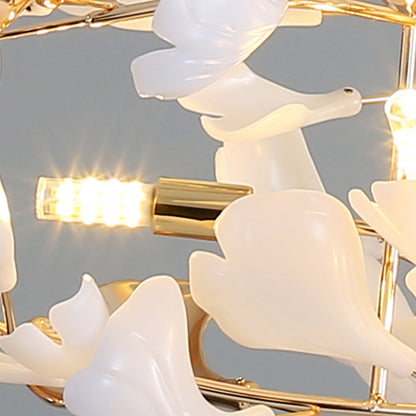 Ceramic Leaf Cluster Pendant Light with Adjustable Cord – Gold Metal Frame Multi-Bulb Chandelier for Dining Room, Living Room & Bedroom