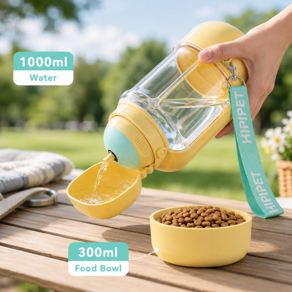 Ortekor 2-in-1 Portable Dog Water Bottle with Food Container – Large Capacity Pet Travel Water Fountain, Perfect for Walks, Camping, and Road Trips