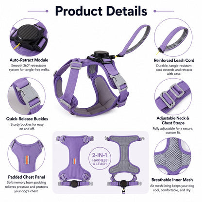 Ortekor 2-in-1 Retractable Dog Harness for Daily Walks - Built-In Leash Vest with Auto-Stop Control for Small & Medium Dogs