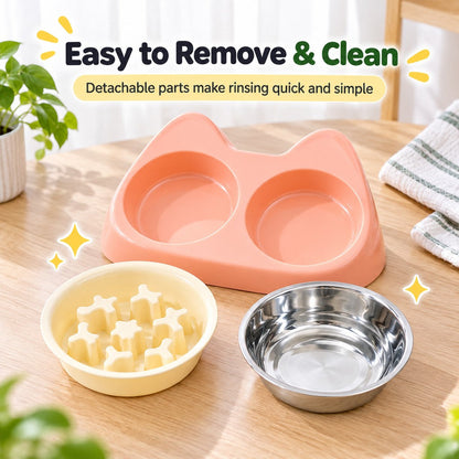 Ortekor 2-in-1 Cat Ear Pet Bowl for Cats and Small Dogs - Slow Feeder or Double Stainless Steel Bowls for Slower, Cleaner Mealtimes