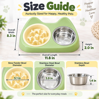 Ortekor 2-in-1 Cat Ear Pet Bowl for Cats and Small Dogs - Slow Feeder or Double Stainless Steel Bowls for Slower, Cleaner Mealtimes
