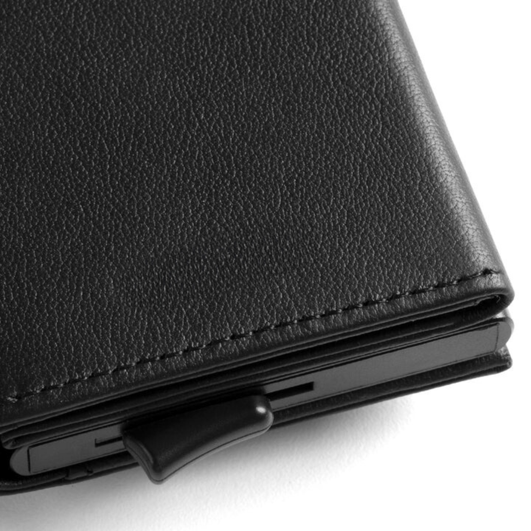 Portefeuille en cuir avec protection RFID et porte-cartes coulissant, 9,4 × 6,6 × 1 cm, mécanisme en aluminium, portefeuille de voyage fin et compact pour poche avant