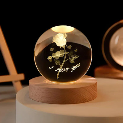 3D Engraved Crystal Planet Sphere Night Light on Wood Base USB Powered Desk Lamp Warm White LED Glow for Bedroom Living Room Nursery Space