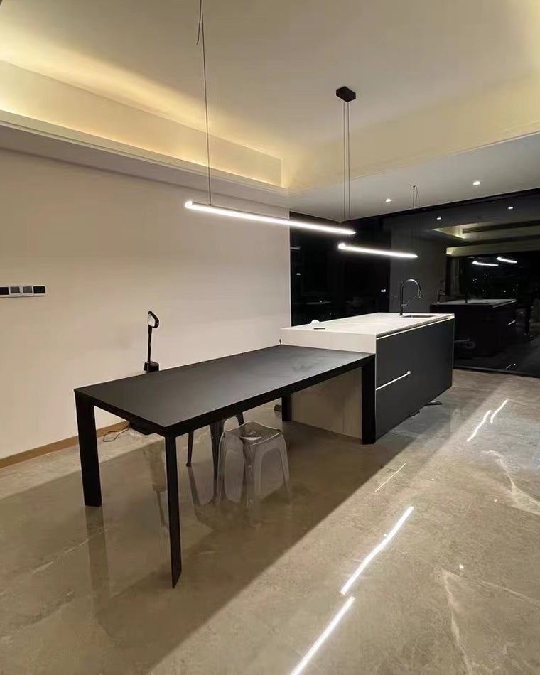 Suspended LED Strip Fixture for Countertop Islands – Dimmable Metal Bar Light with Remote in Matte or Gloss White – 39 to 102 in Adjustable