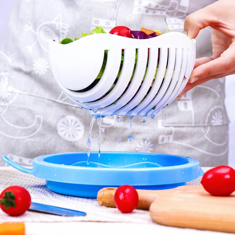 Vegetable Chopper Bowl with Built-In Blade Strainer for Quick Meal Prep Kitchen Salad Maker Dual Function Cutting and Draining