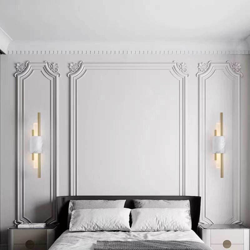 Modern Linear Wall Sconce with Marble Accents – Metal Construction, Warm LED Lighting for Bedroom & Living Room