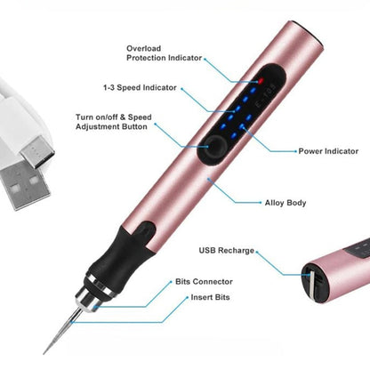 Stylo de gravure de précision rechargeable par USB avec vitesse réglable de 5000 à 18000 tr/min pour projets de bricolage sur métal, verre, bois et bijoux, silencieux