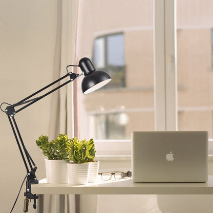 Clamp-On Task Light with Pivoting Arm for Home Office, Bedroom & Study Desk – E26 Socket, Industrial Metal Build, Space-Saving Mount for Rea