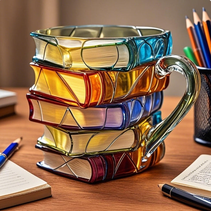 Sculptural Glass Coffee Mug with Stacked Book Shape for Writers Readers Students & Home Office Desk Décor Gift