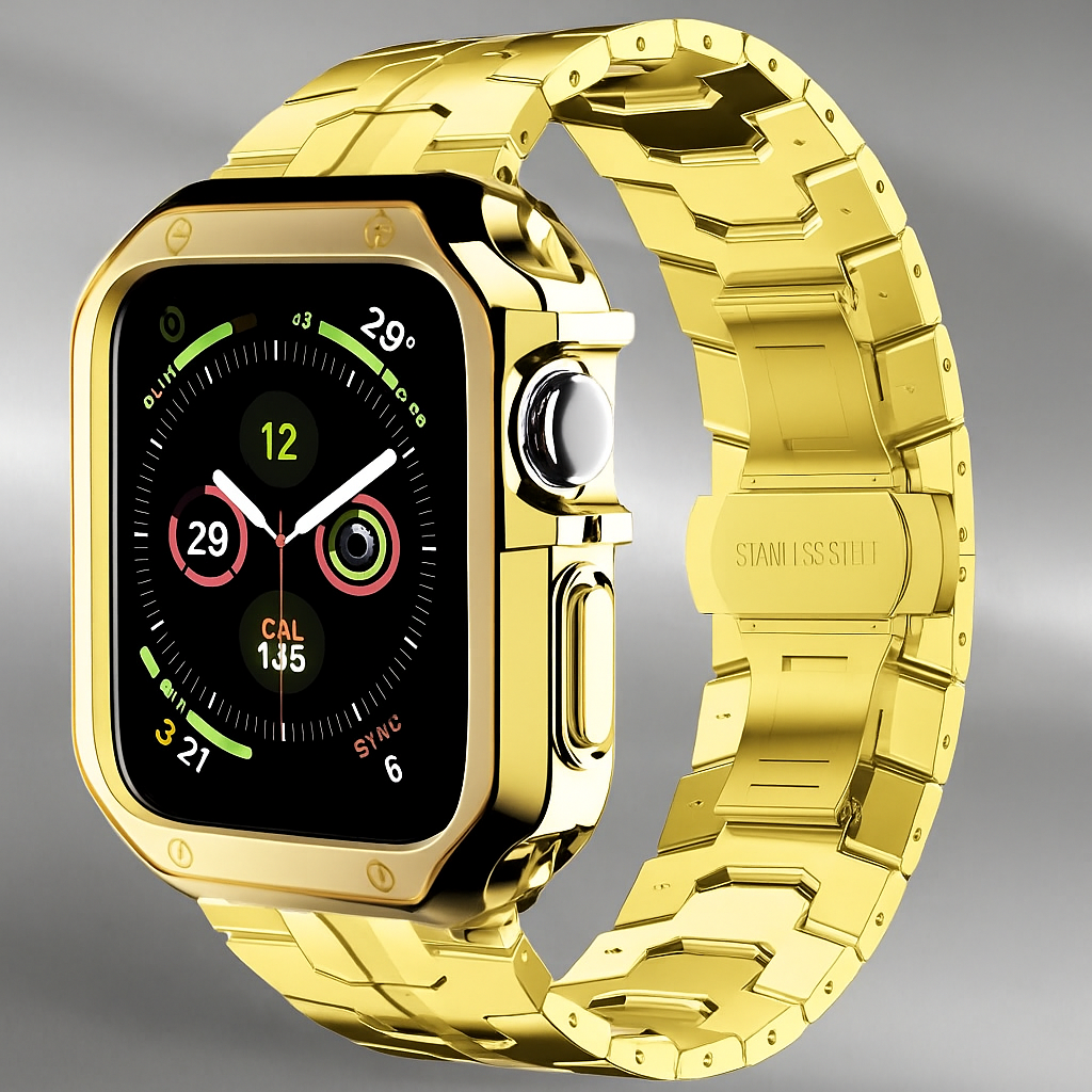 Metal Link Watch Band with Armor Frame for Apple Watch – Titanium-Style Bracelet & Open-Face Protection Case Bundle – Butterfly Clasp