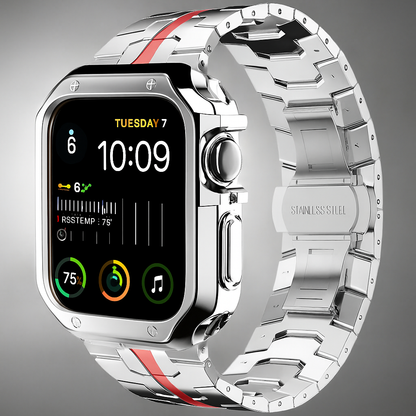 Metal Link Band & Protective Case Set for Apple Watch – Adjustable Bracelet with Matching Frame, Butterfly Clasp & Sizing Tool for Series