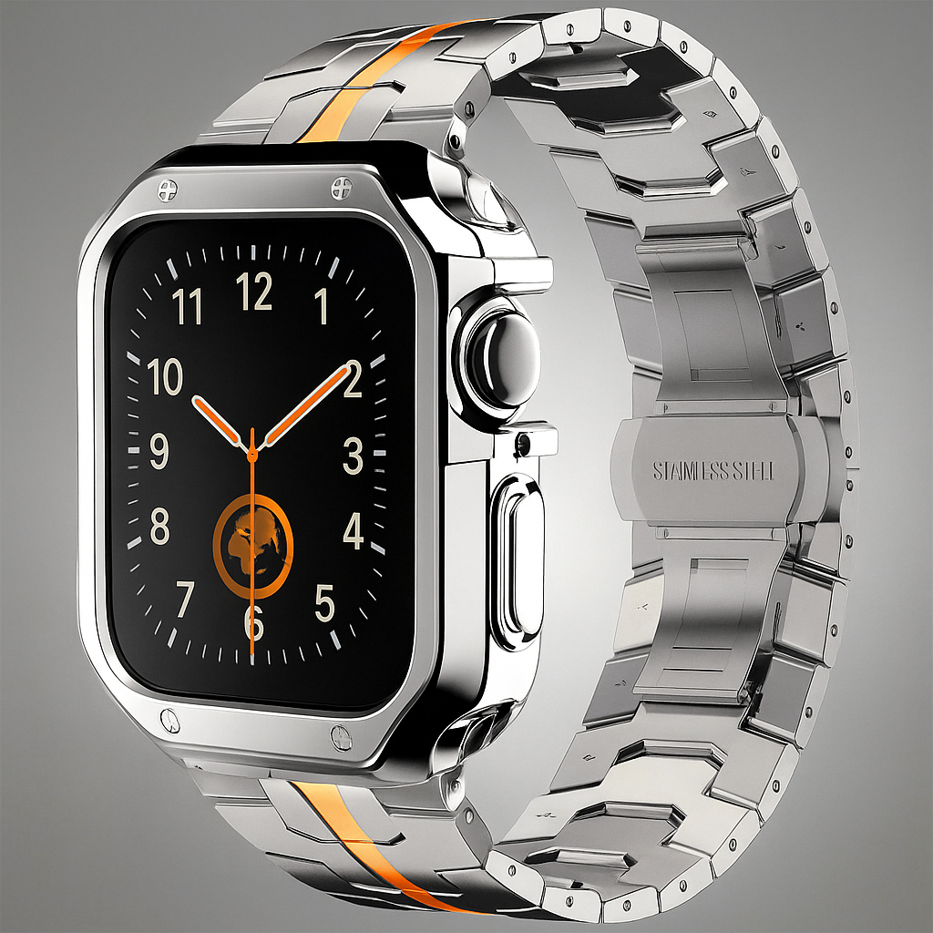 Metal Link Band & Protective Case Set for Apple Watch – Adjustable Bracelet with Matching Frame, Butterfly Clasp & Sizing Tool for Series