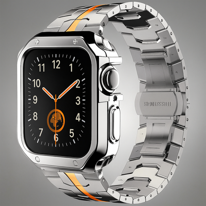Metal Link Band & Protective Case Set for Apple Watch – Adjustable Bracelet with Matching Frame, Butterfly Clasp & Sizing Tool for Series