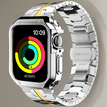 Metal Link Band & Protective Case Set for Apple Watch – Adjustable Bracelet with Matching Frame, Butterfly Clasp & Sizing Tool for Series
