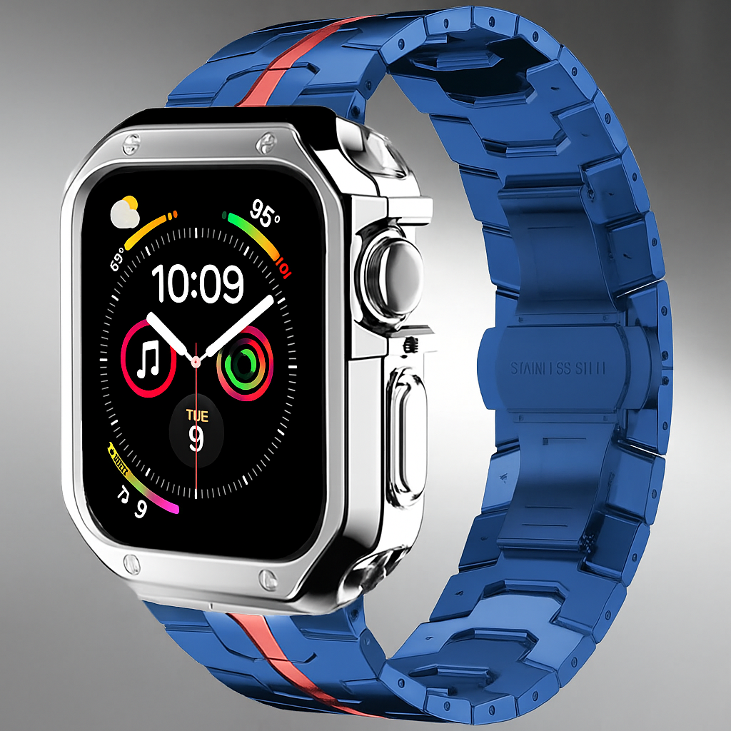 Metal Link Watch Band with Armor Frame for Apple Watch – Titanium-Style Bracelet & Open-Face Protection Case Bundle – Butterfly Clasp