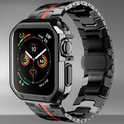 Metal Link Watch Band with Armor Frame for Apple Watch – Titanium-Style Bracelet & Open-Face Protection Case Bundle – Butterfly Clasp