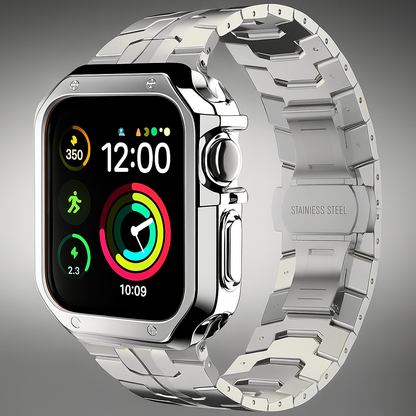 Metal Link Watch Band with Armor Frame for Apple Watch – Titanium-Style Bracelet & Open-Face Protection Case Bundle – Butterfly Clasp