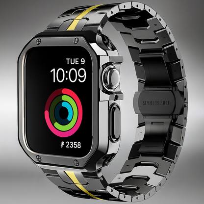 Metal Link Watch Band with Armor Frame for Apple Watch – Titanium-Style Bracelet & Open-Face Protection Case Bundle – Butterfly Clasp