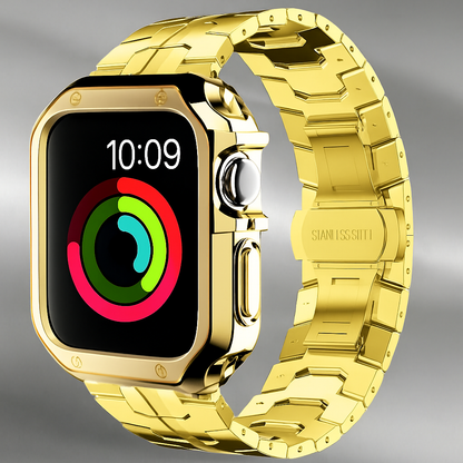 Metal Band & Screen Armor Bundle for Apple Watch – Adjustable Link Bracelet with Protective Bumper Case