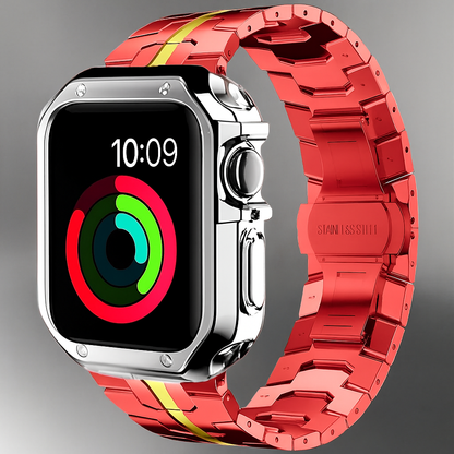 Metal Band & Screen Armor Bundle for Apple Watch – Adjustable Link Bracelet with Protective Bumper Case