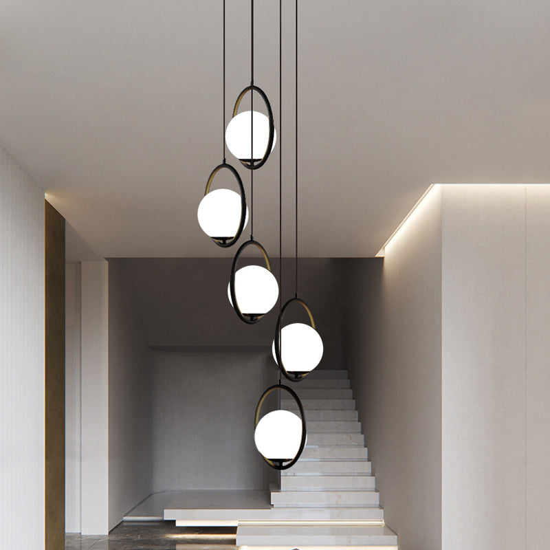 Multi-Globe Glass Pendant Chandelier – Modern Stairwell Lighting Fixture, Black Metal Frame, 5-6 Lights for Entryway Living Room Dining