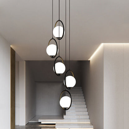 Multi-Globe Glass Pendant Chandelier – Modern Stairwell Lighting Fixture, Black Metal Frame, 5-6 Lights for Entryway Living Room Dining