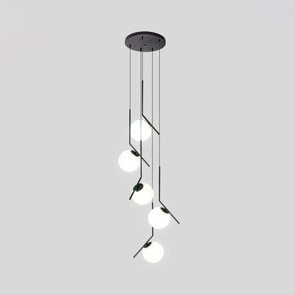 Multi-Globe Glass Pendant Chandelier – Modern Stairwell Lighting Fixture, Black Metal Frame, 5-6 Lights for Entryway Living Room Dining