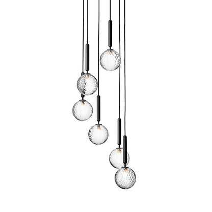 Multi-Globe Glass Pendant Chandelier – Modern Stairwell Lighting Fixture, Black Metal Frame, 5-6 Lights for Entryway Living Room Dining