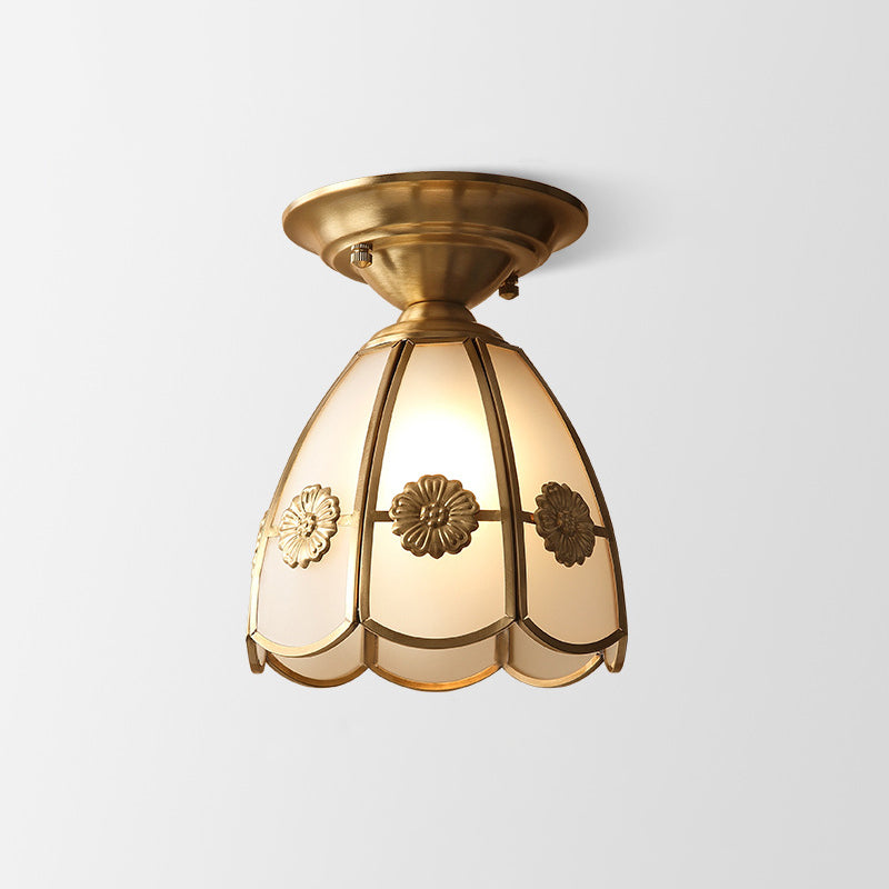 Brass Semi-Flush Mount Ceiling Light with Scalloped Dome Shade – Single Socket Colonial Style for Hallway, Bedroom & Kitchen