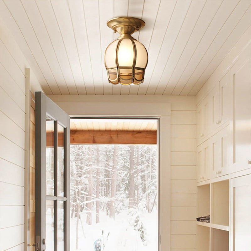 Brass Semi-Flush Mount Ceiling Light with Scalloped Dome Shade – Single Socket Colonial Style for Hallway, Bedroom & Kitchen