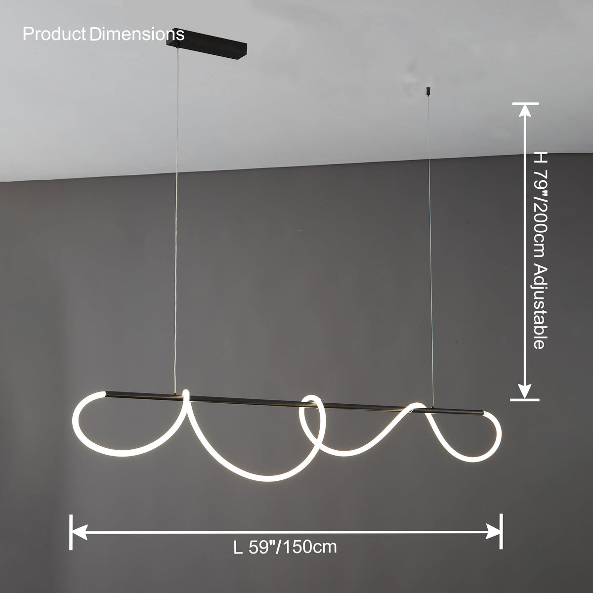 Lustre linéaire à DEL pour îlot avec design à vagues en silicone, 43 pouces, laiton, hauteur réglable, suspendu moderne à intensité variable pour table à manger