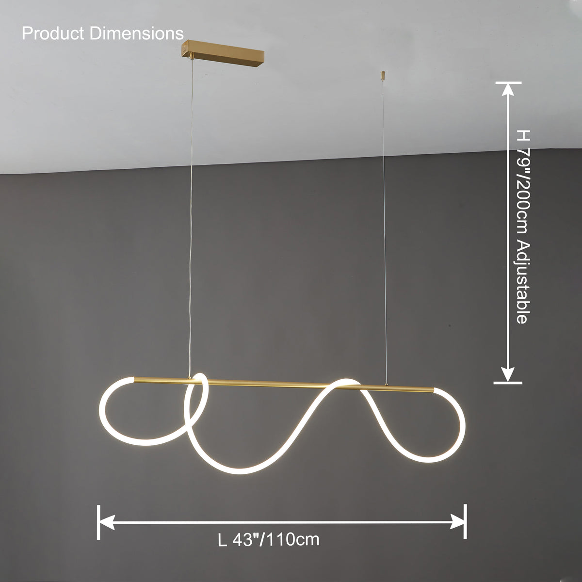 Lustre linéaire à DEL pour îlot avec design à vagues en silicone, 43 pouces, laiton, hauteur réglable, suspendu moderne à intensité variable pour table à manger