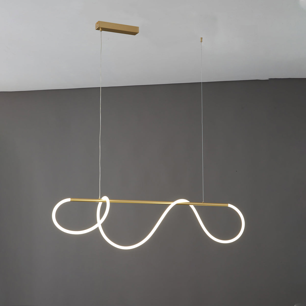 Lustre linéaire à DEL pour îlot avec design à vagues en silicone, 43 pouces, laiton, hauteur réglable, suspendu moderne à intensité variable pour table à manger