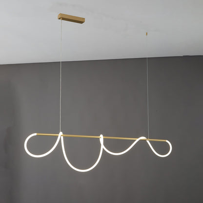 Lustre linéaire à DEL pour îlot avec design à vagues en silicone, 43 pouces, laiton, hauteur réglable, suspendu moderne à intensité variable pour table à manger