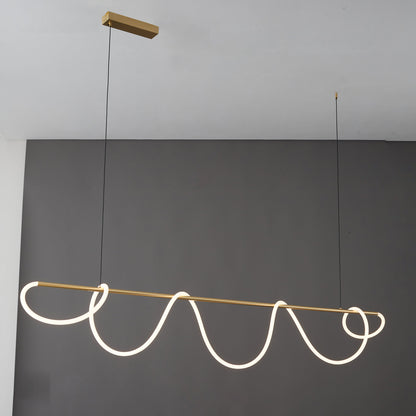 Lustre linéaire à DEL pour îlot avec design à vagues en silicone, 43 pouces, laiton, hauteur réglable, suspendu moderne à intensité variable pour table à manger