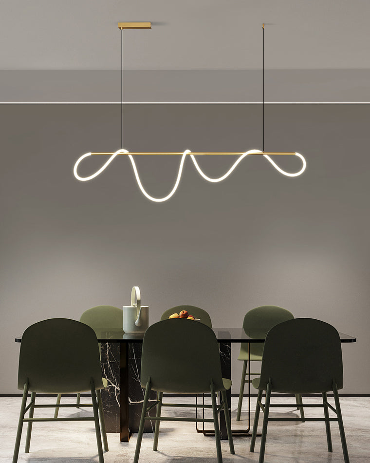 Lustre linéaire à DEL pour îlot avec design à vagues en silicone, 43 pouces, laiton, hauteur réglable, suspendu moderne à intensité variable pour table à manger