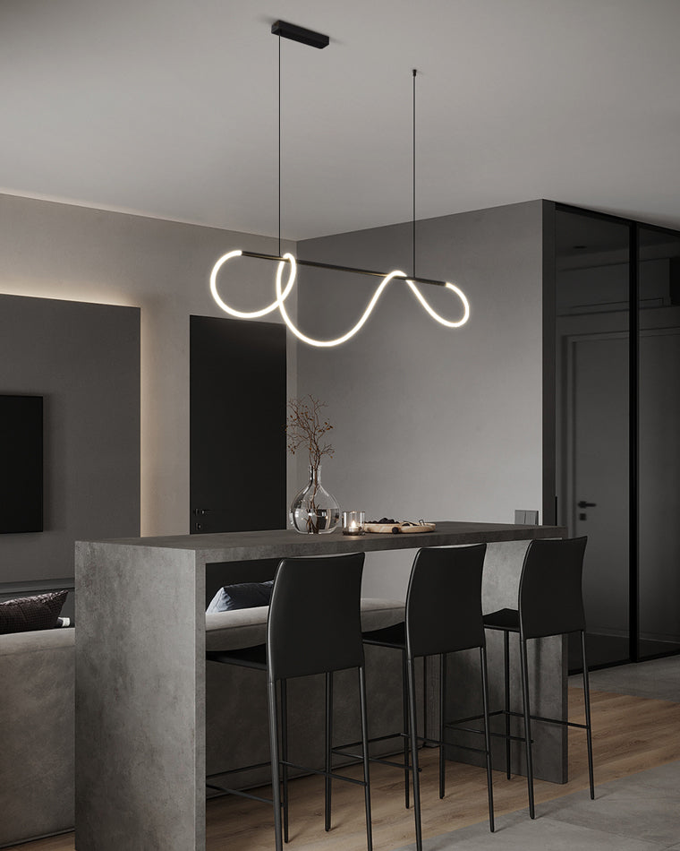 Lustre linéaire à DEL pour îlot avec design à vagues en silicone, 43 pouces, laiton, hauteur réglable, suspendu moderne à intensité variable pour table à manger