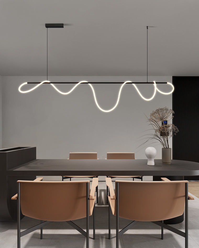 Lustre linéaire à DEL pour îlot avec design à vagues en silicone, 43 pouces, laiton, hauteur réglable, suspendu moderne à intensité variable pour table à manger