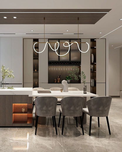 Lustre linéaire à DEL pour îlot avec design à vagues en silicone, 43 pouces, laiton, hauteur réglable, suspendu moderne à intensité variable pour table à manger