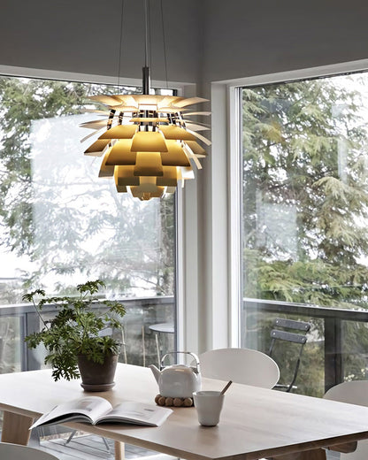 Sculptural Metal Shade Hanging Fixture 20 in Adjustable Height Overhead Lighting for Dining Room Kitchen Island Entryway Warm Glow Installat