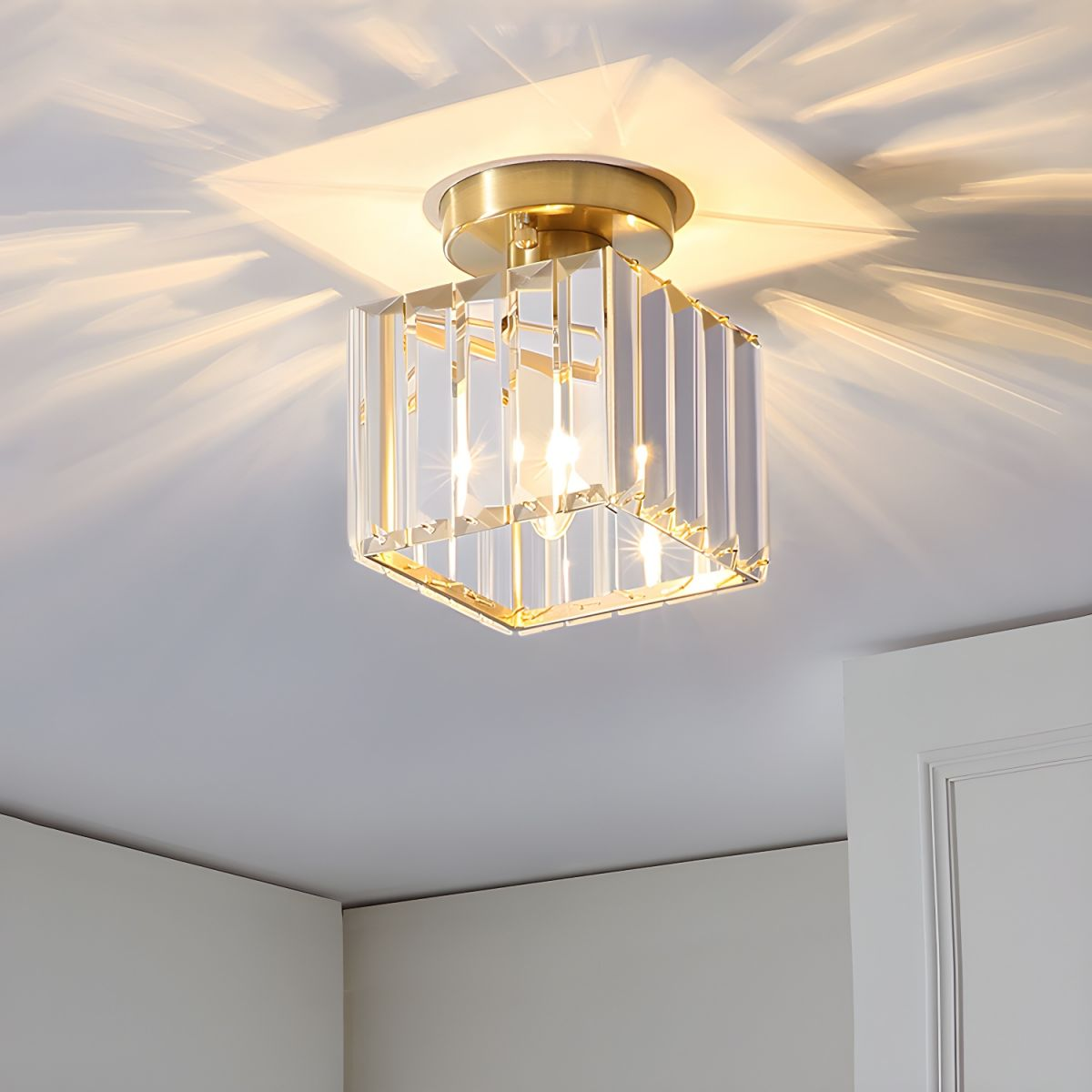 Cube Crystal Flush Mount Ceiling Light with Brass Frame 10 Inch for Bedroom Hallway Entryway Living Room Office Modern Home Lighting Fixture