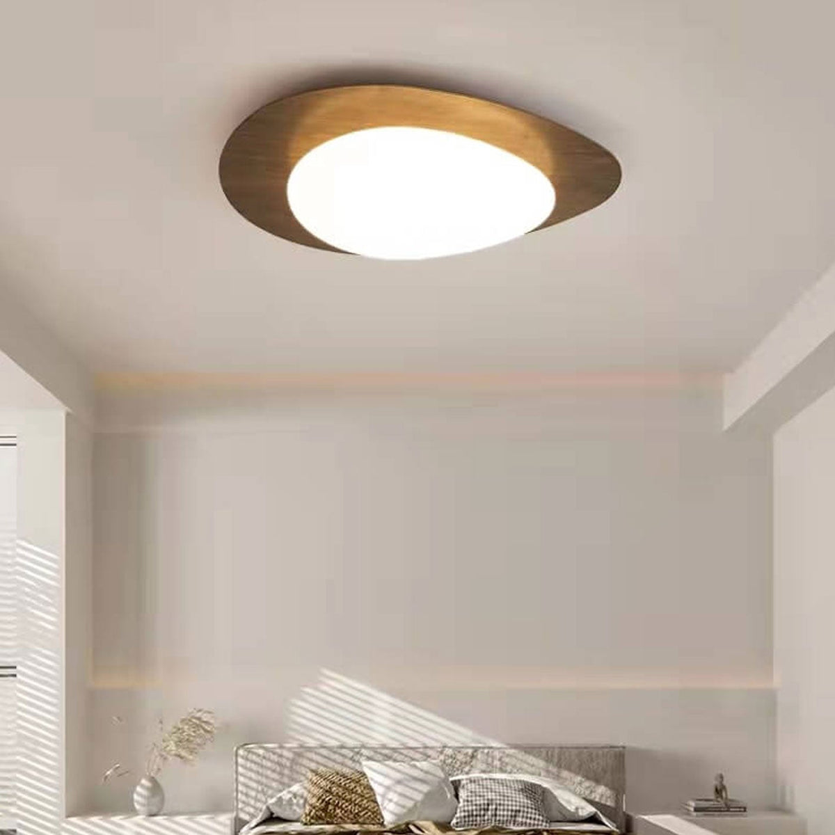 Oval Stone-Textured LED Ceiling Mount Light with Timber Finish for Bedrooms | Modern Hardwired Close-to-Ceiling Fixture for Living Rooms &