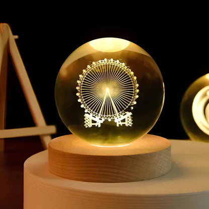 3D Engraved Crystal Planet Sphere Night Light on Wood Base USB Powered Desk Lamp Warm White LED Glow for Bedroom Living Room Nursery Space