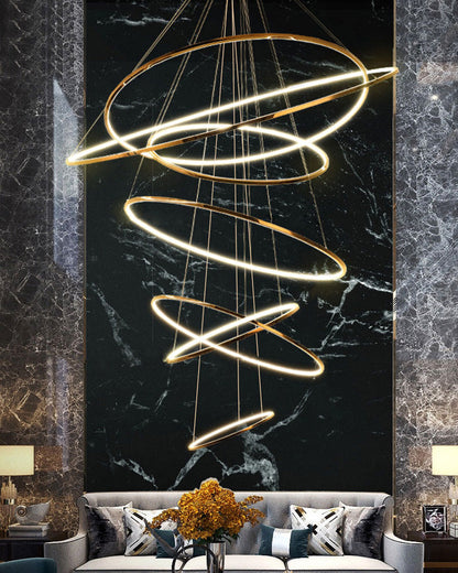 Lustre à anneaux LED en cascade à plusieurs niveaux pour grandes entrées et hauts escaliers – Éclairage décoratif moderne réglable en hauteur avec variateur à distance