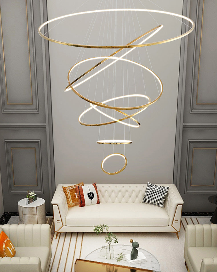 Lustre à anneaux LED en cascade à plusieurs niveaux pour grandes entrées et hauts escaliers – Éclairage décoratif moderne réglable en hauteur avec variateur à distance