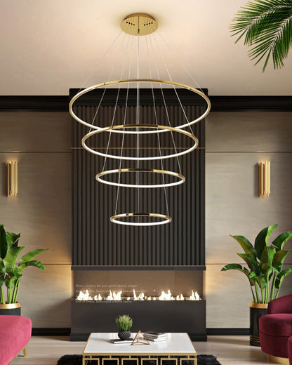 Lustre à anneaux LED en cascade à plusieurs niveaux pour grandes entrées et hauts escaliers – Éclairage décoratif moderne réglable en hauteur avec variateur à distance