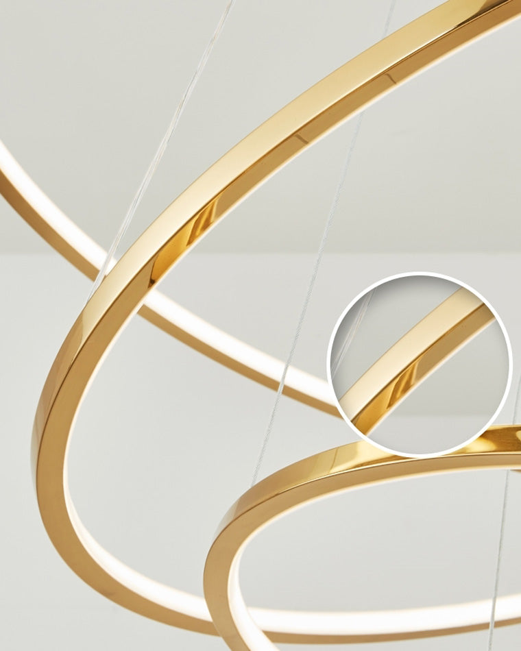 Lustre à anneaux LED en cascade à plusieurs niveaux pour grandes entrées et hauts escaliers – Éclairage décoratif moderne réglable en hauteur avec variateur à distance