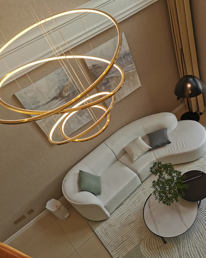 Lustre à anneaux LED en cascade à plusieurs niveaux pour grandes entrées et hauts escaliers – Éclairage décoratif moderne réglable en hauteur avec variateur à distance