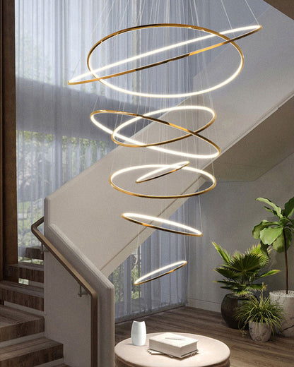 Lustre à anneaux LED en cascade à plusieurs niveaux pour grandes entrées et hauts escaliers – Éclairage décoratif moderne réglable en hauteur avec variateur à distance