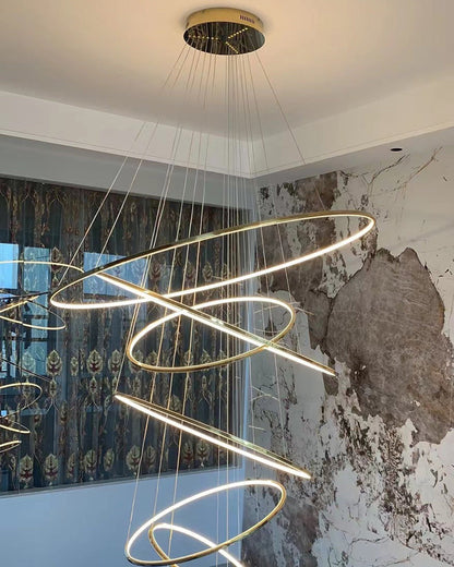 Lustre à anneaux LED en cascade à plusieurs niveaux pour grandes entrées et hauts escaliers – Éclairage décoratif moderne réglable en hauteur avec variateur à distance